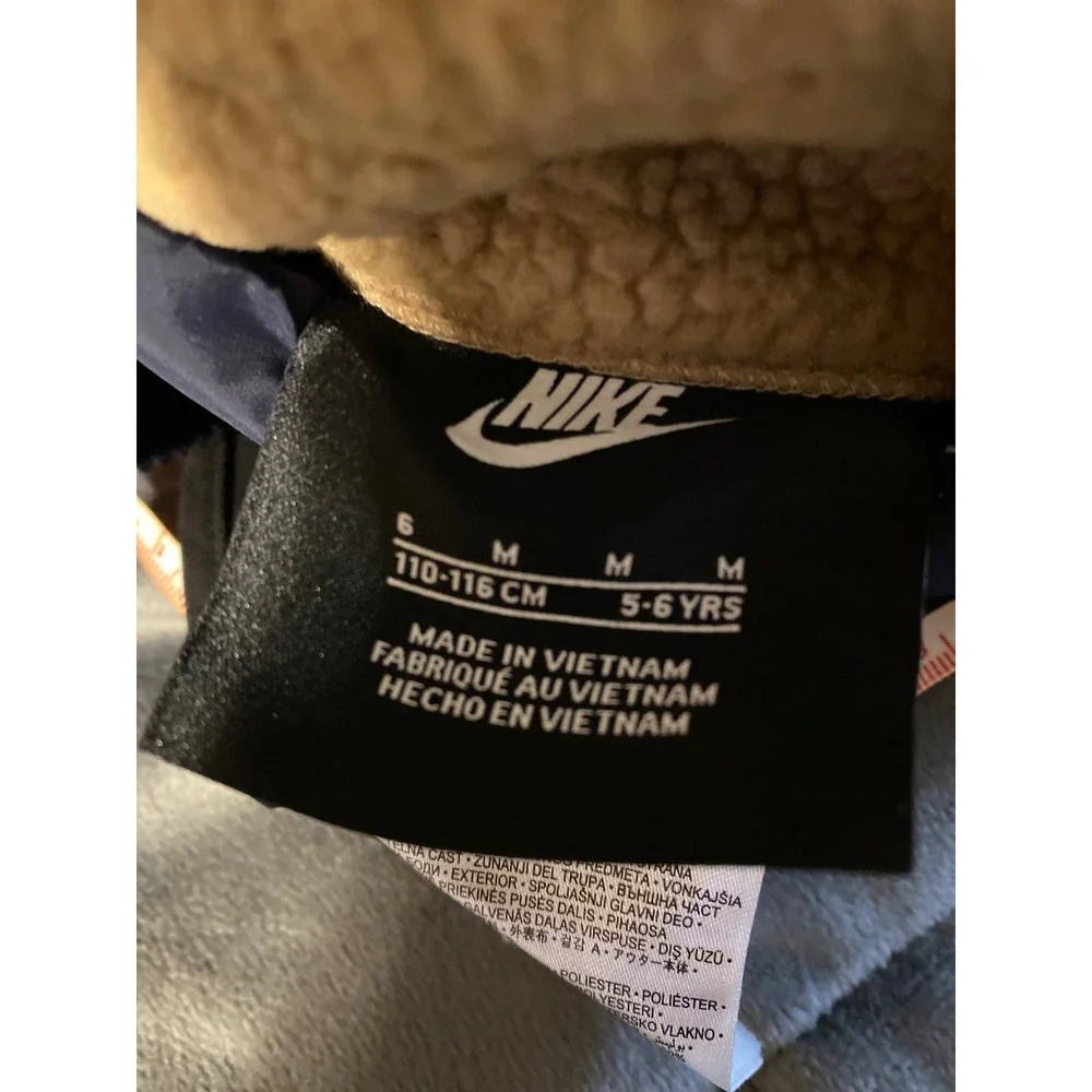 Nike Kids Reversible Hooded Jacket Navy Puffer Tan Sherpa Fleece Size 6 0434